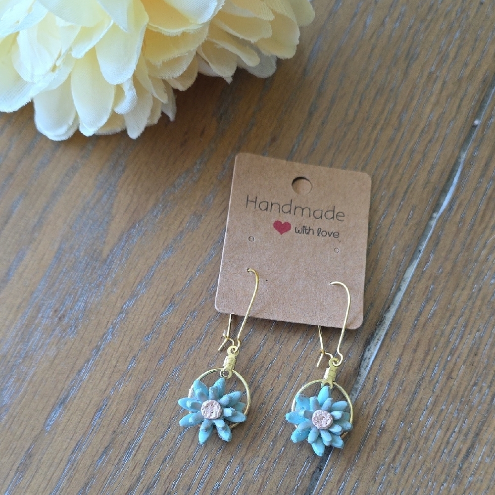 Handmade Blue and Gold Floral Earrings